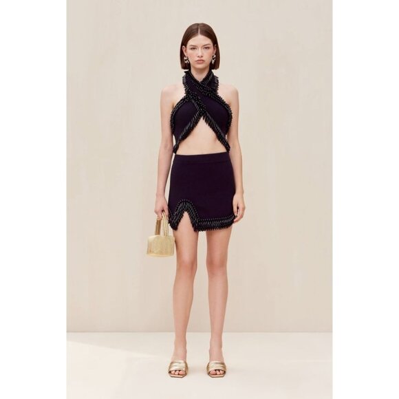 Cult Gaia Arvid Short Knit Skirt in Evening Blue X-Small New Womens Beaded Mini - Picture 15 of 16